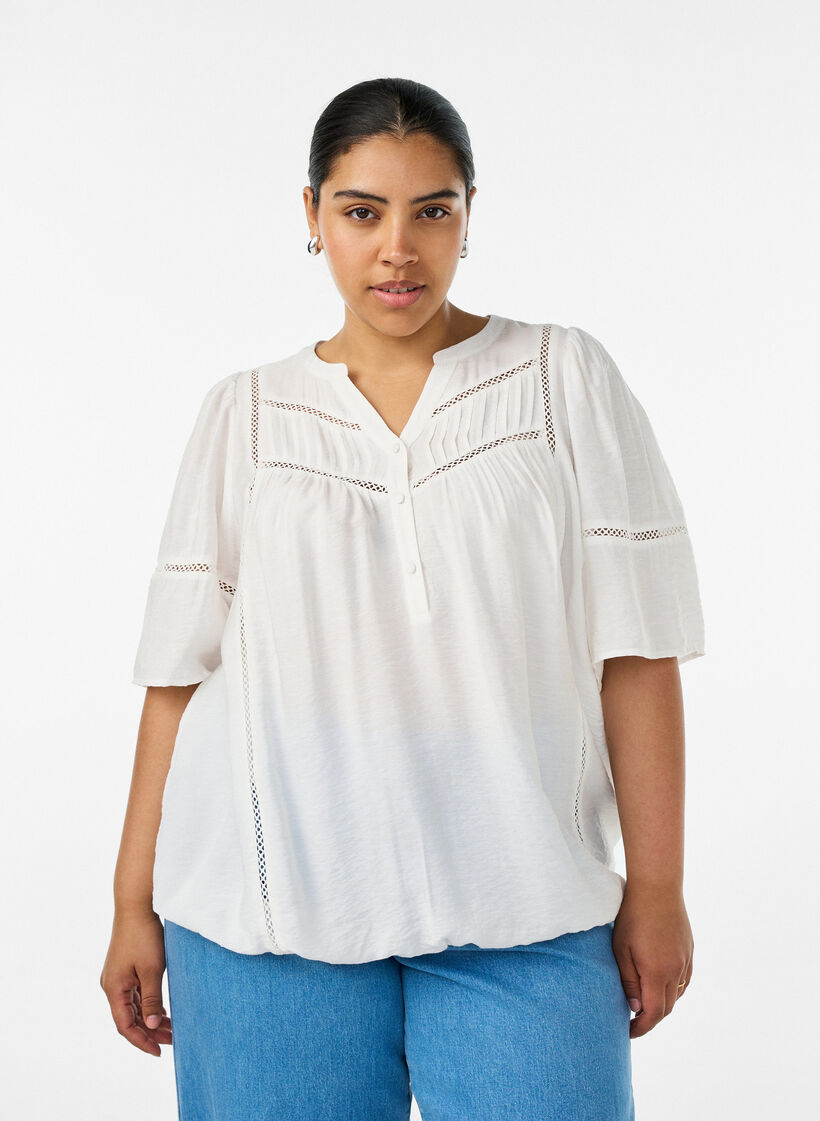 Blouse en viscose avec nervures et effet ballon, Vanille, Model image number 0