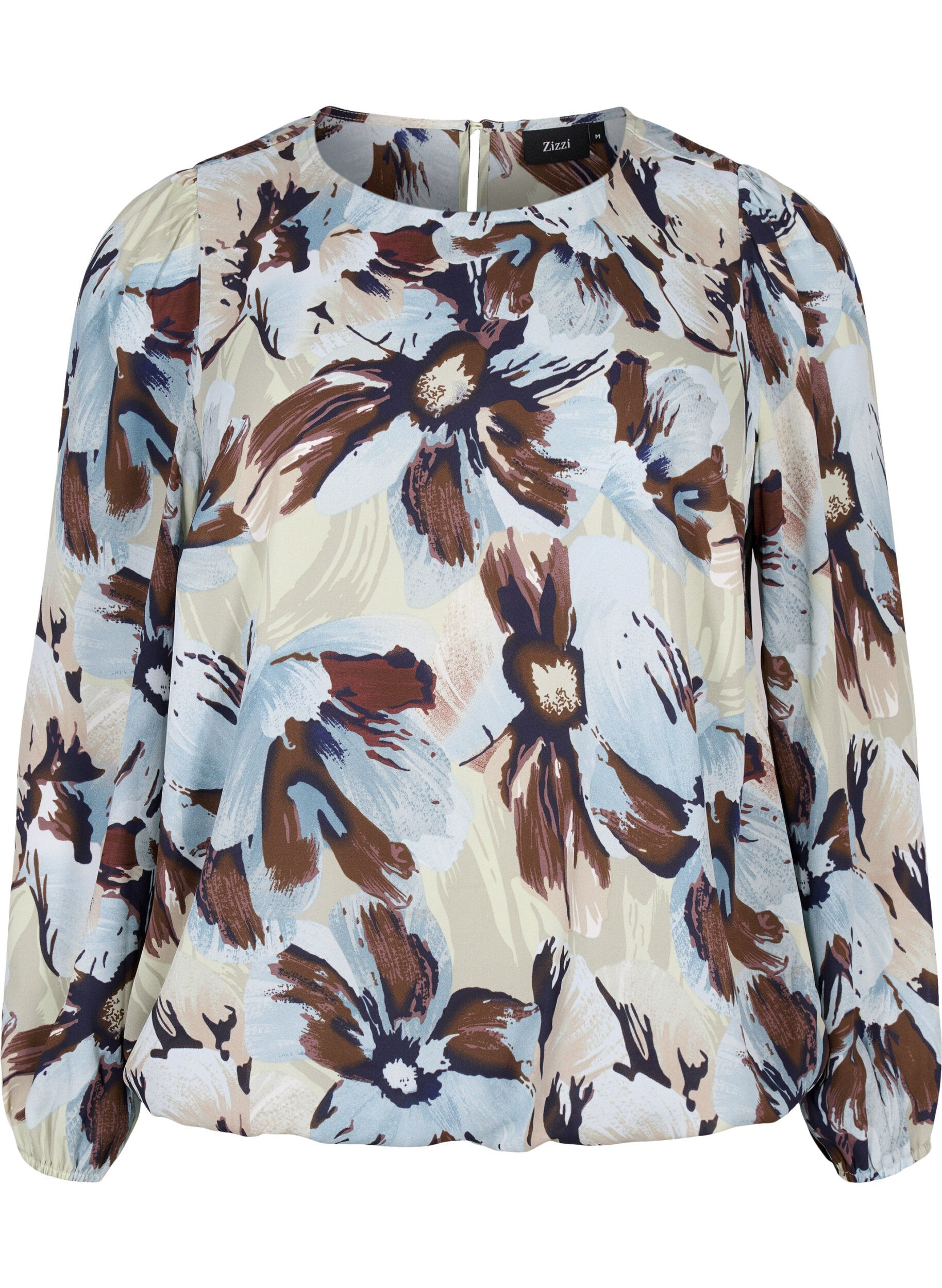 Zizzi Lang&auml;rmelige Bluse mit Druck und Knopf, Grey Flower AOP, Packshot image number 0
