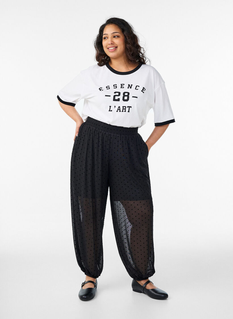 Ballonhose aus Mesh mit Polka Dots, Schwarz, Model image number 0