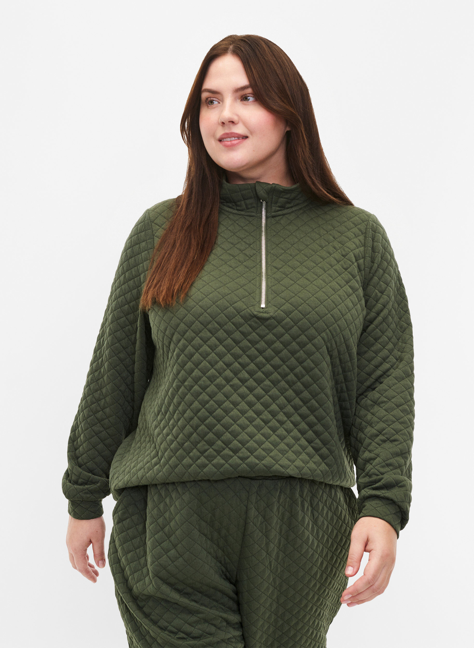 Zizzi Gestepptes Sweatshirt mit Rei&szlig;verschluss, Thyme, Model image number 0