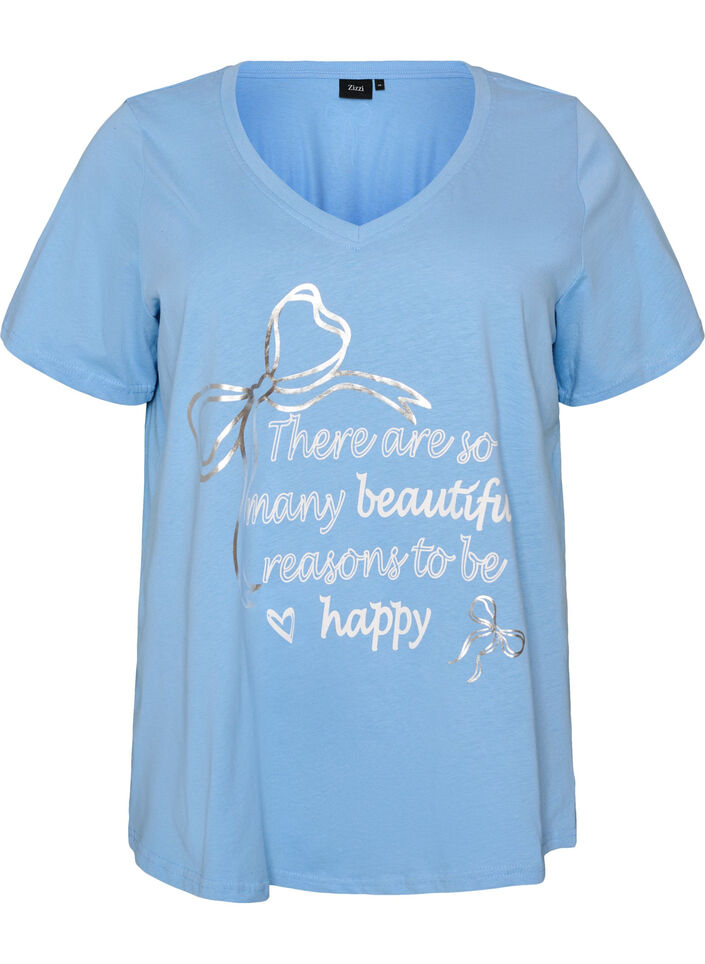 T-shirt en coton avec col V et imprim&eacute; devant, Bleu Clair, Packshot image number 0