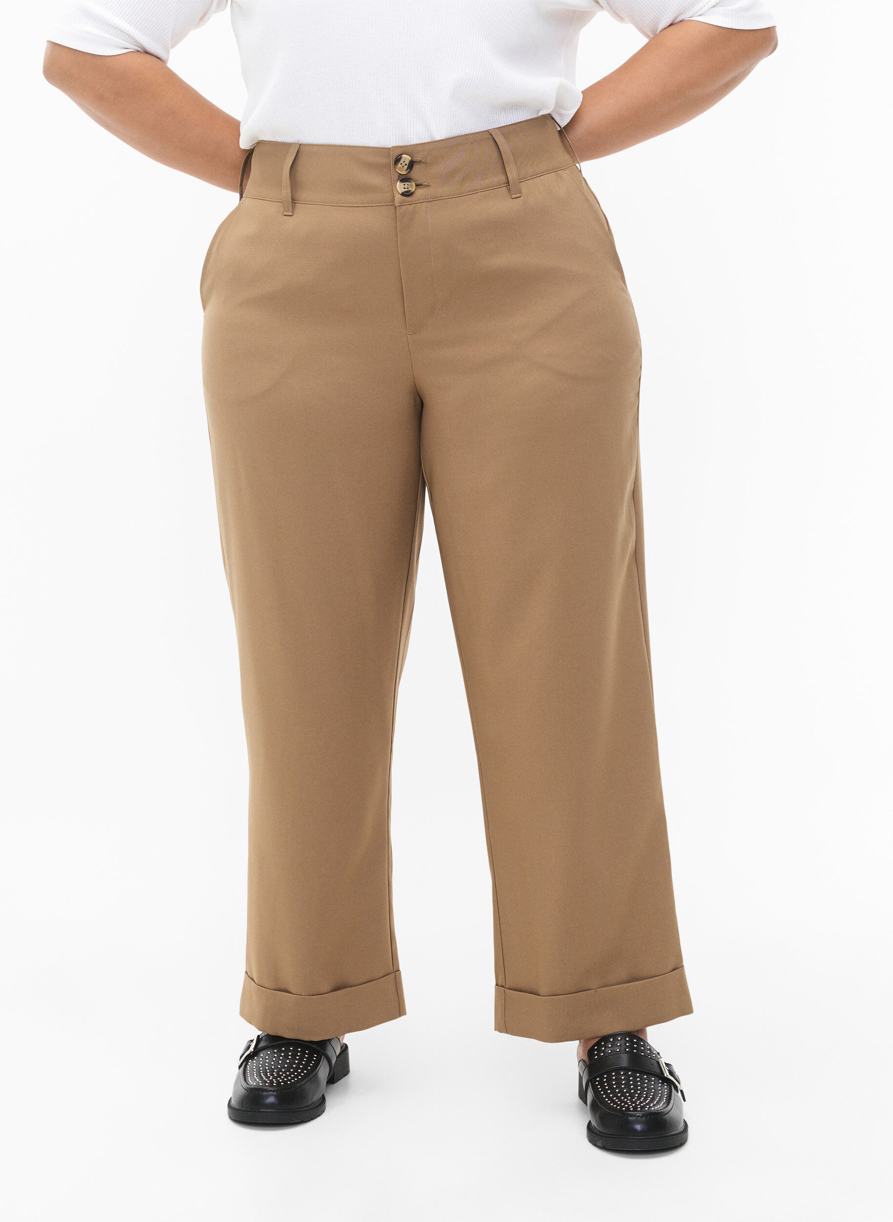Zizzi Hose mit hoher Taille und Umschlag, Petrified Oak, Model image number 2