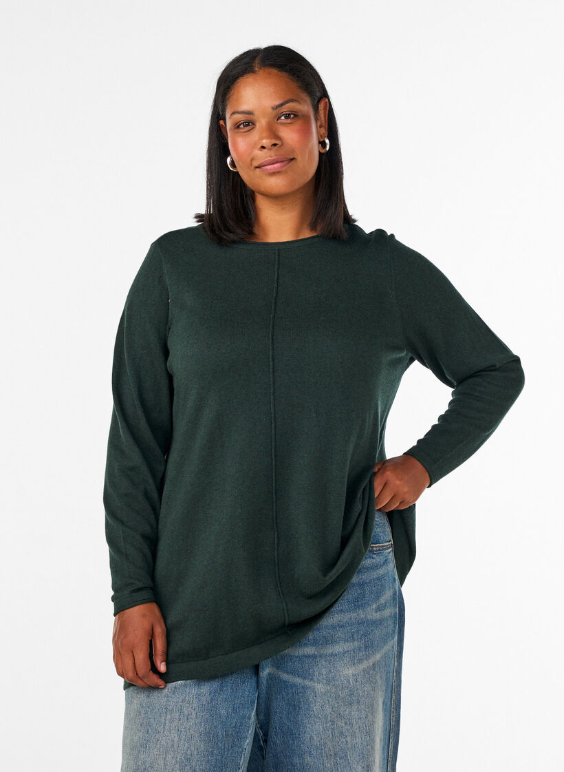 Blouse tricot&eacute;e en m&eacute;lange coton-viscose, Vert fonc&eacute;, Model image number 0