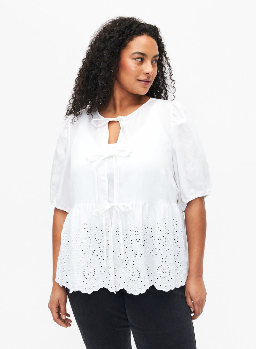 Chemisier en viscose avec broderie anglaise, Bright White, Model image number 0