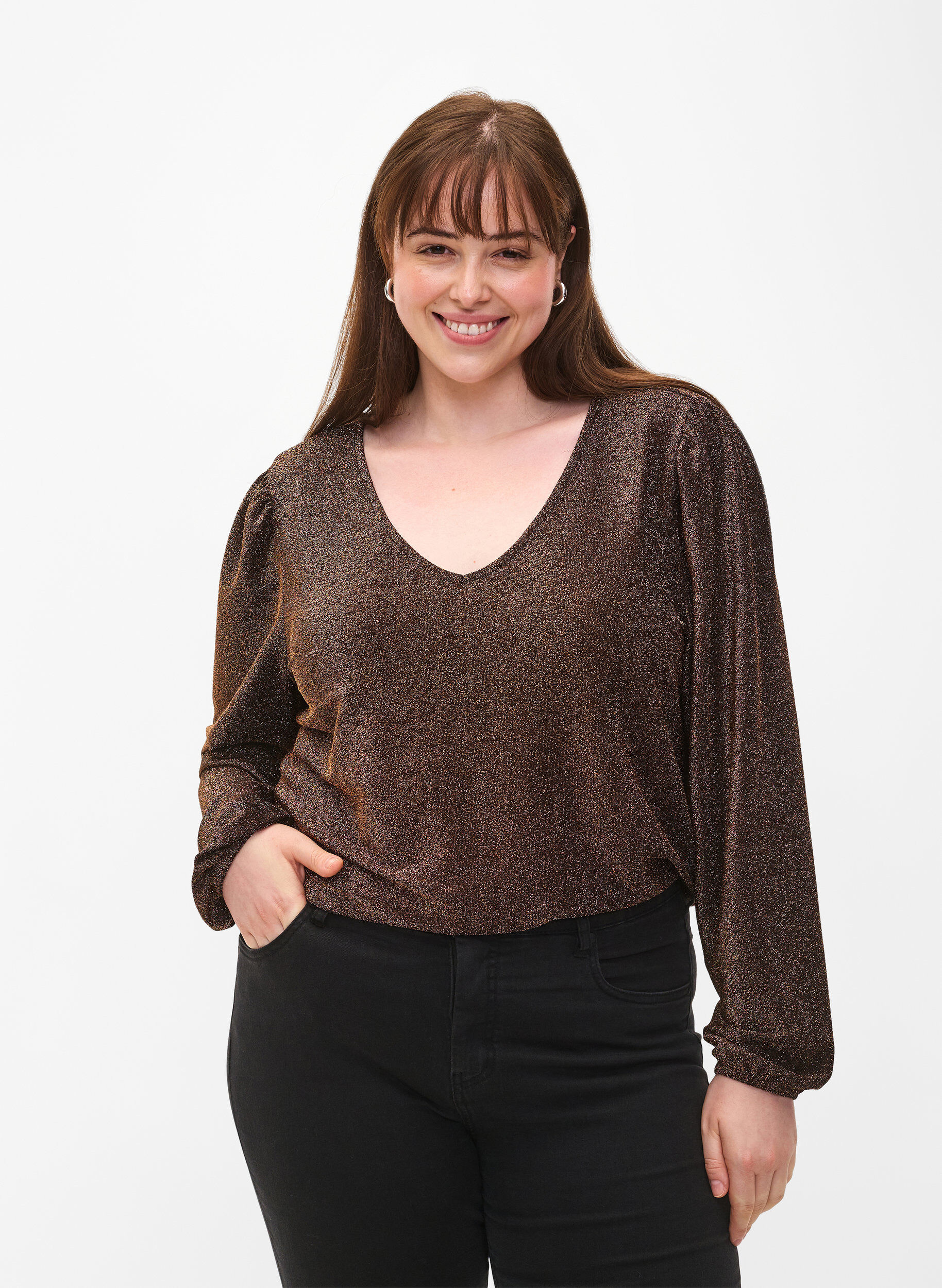 Zizzi  Glitzerbluse mit Puff&auml;rmeln, Black Copper, Model image number 0