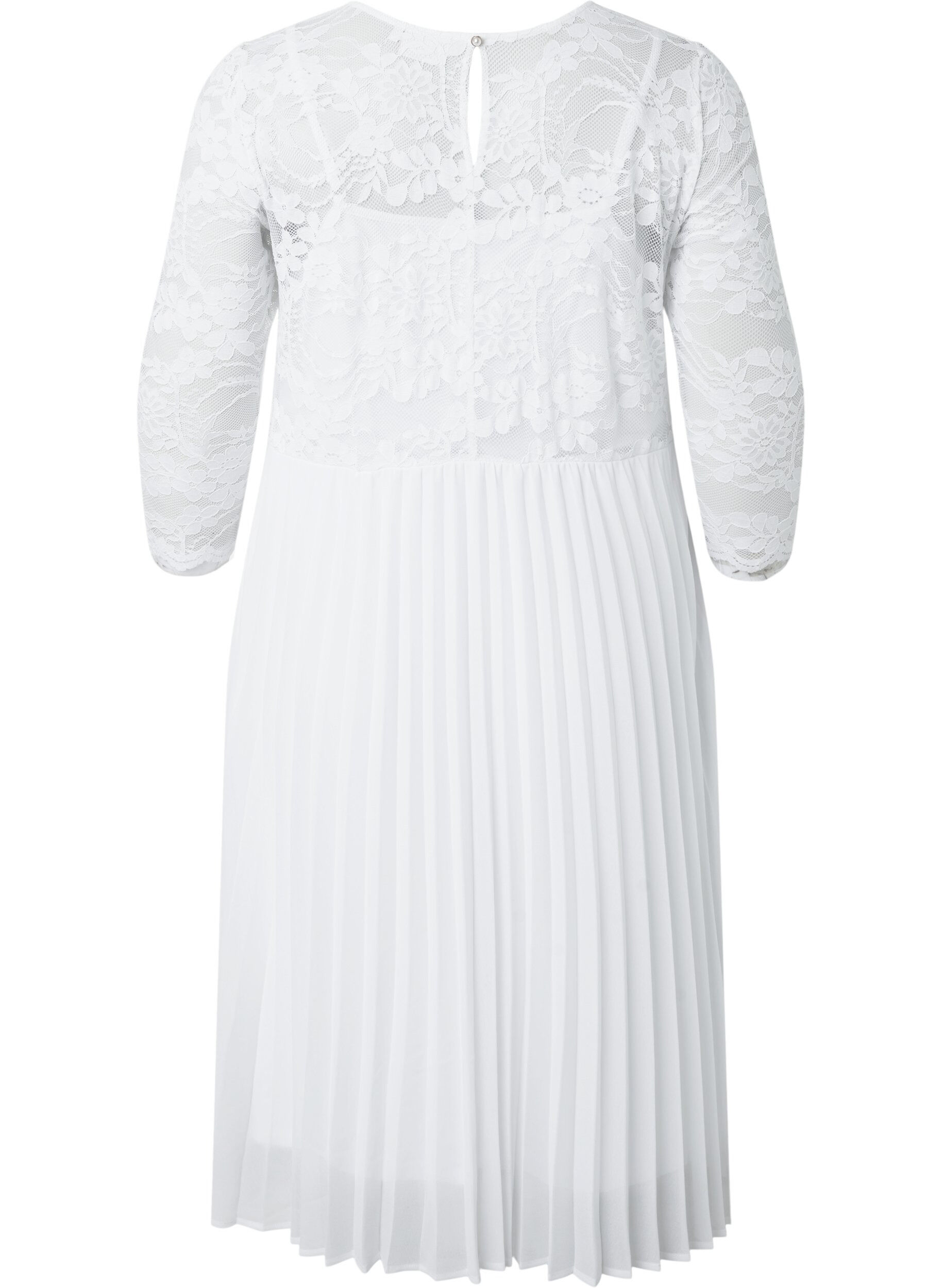 Zizzi Plissiertes Kleid mit Spitze und 3/4-&Auml;rmeln, Bright White, Packshot image number 1
