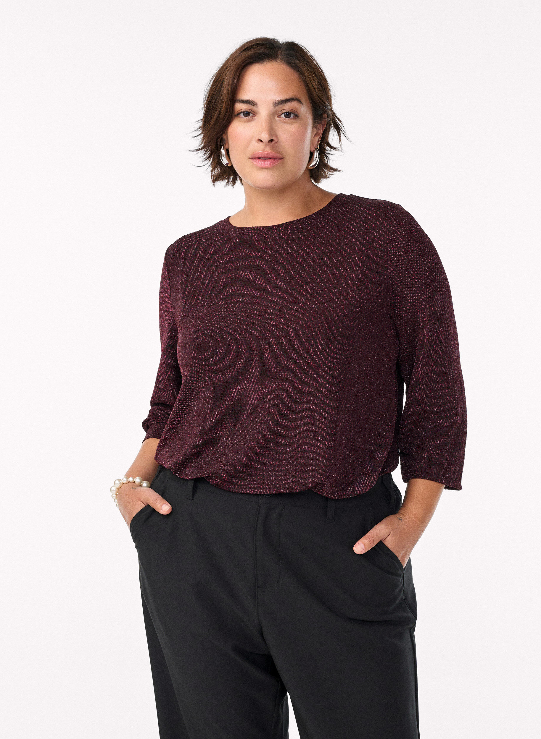 ZizziBlouse avec motif &agrave; chevrons et fil paillet&eacute;, Bordeaux fonc&eacute;, Model image number 0