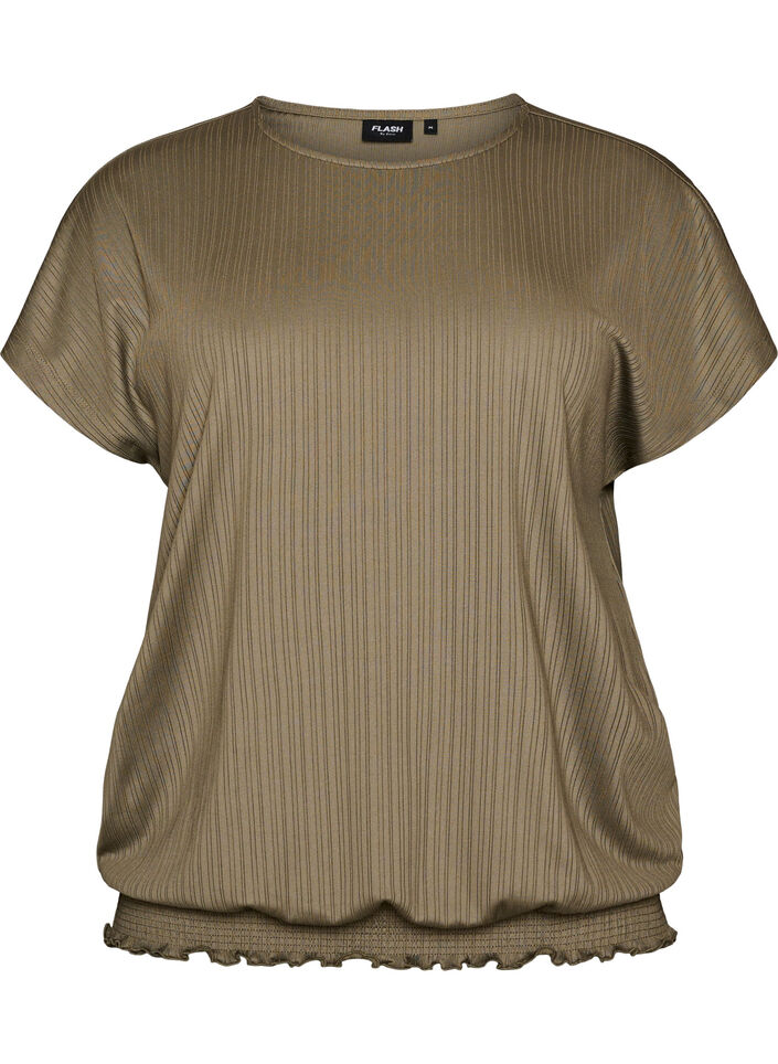 Jersey-Bluse mit strukturierten Streifen und Smocksaum, Braun, Packshot image number 0