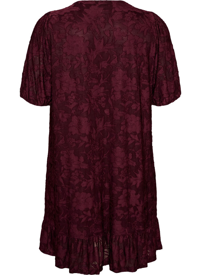 Robe &agrave; texture florale et bordure &agrave; volants, Bordeaux, Packshot image number 1