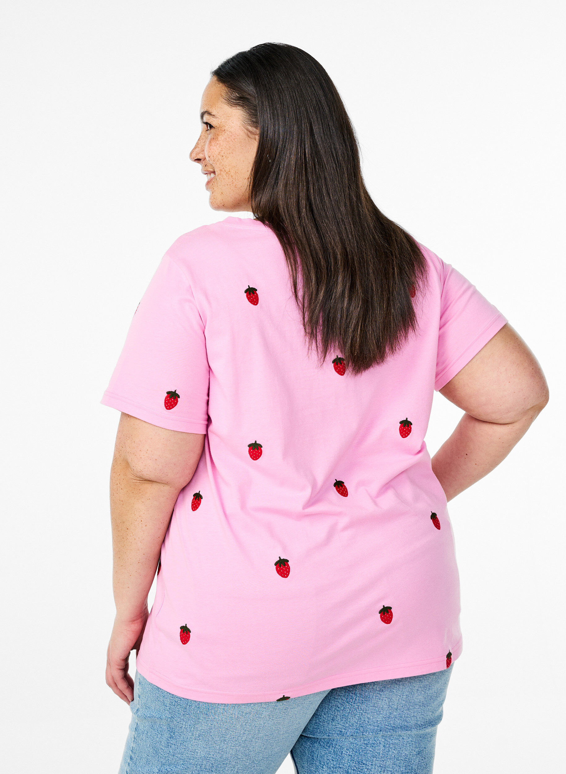 Zizzi T-shirt en coton biologique avec motifs brod&eacute;s, Rose, Model image number 2