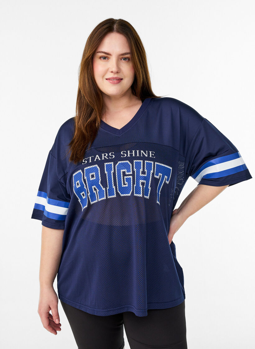 Trainingsshirt mit V-Ausschnitt und Frontprint, Blau, Model