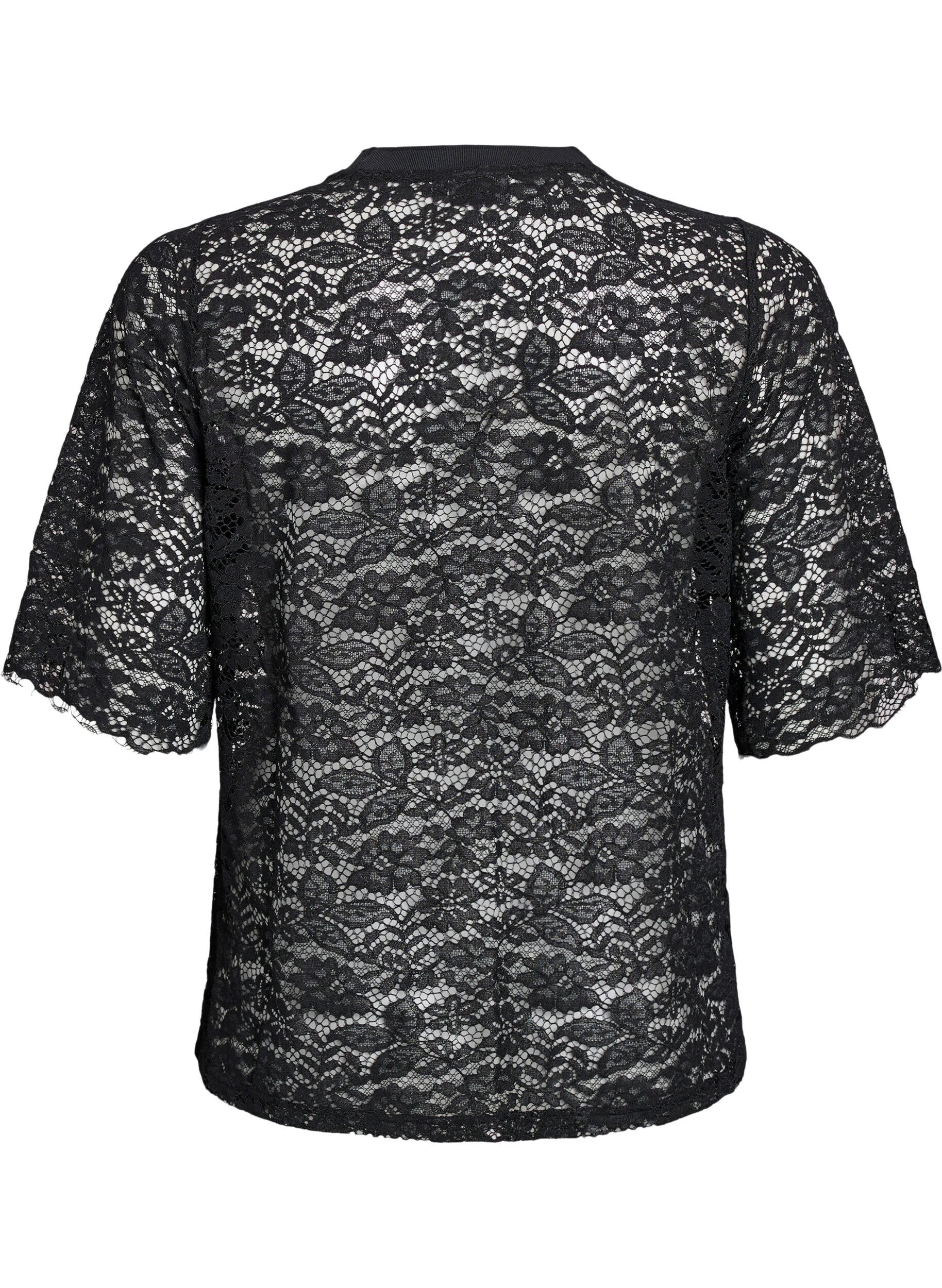 Zizzi Bluse aus Spitze mit kurzen &Auml;rmeln und Rundhalsausschnitt, Schwarz, Packshot image number 1