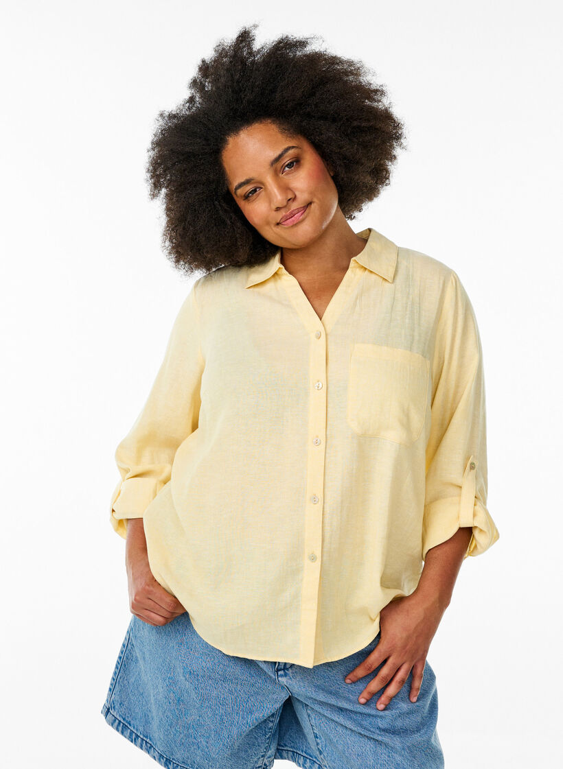 Chemise en lin et viscose avec manches 3/4, Jaune clair, Model image number 0