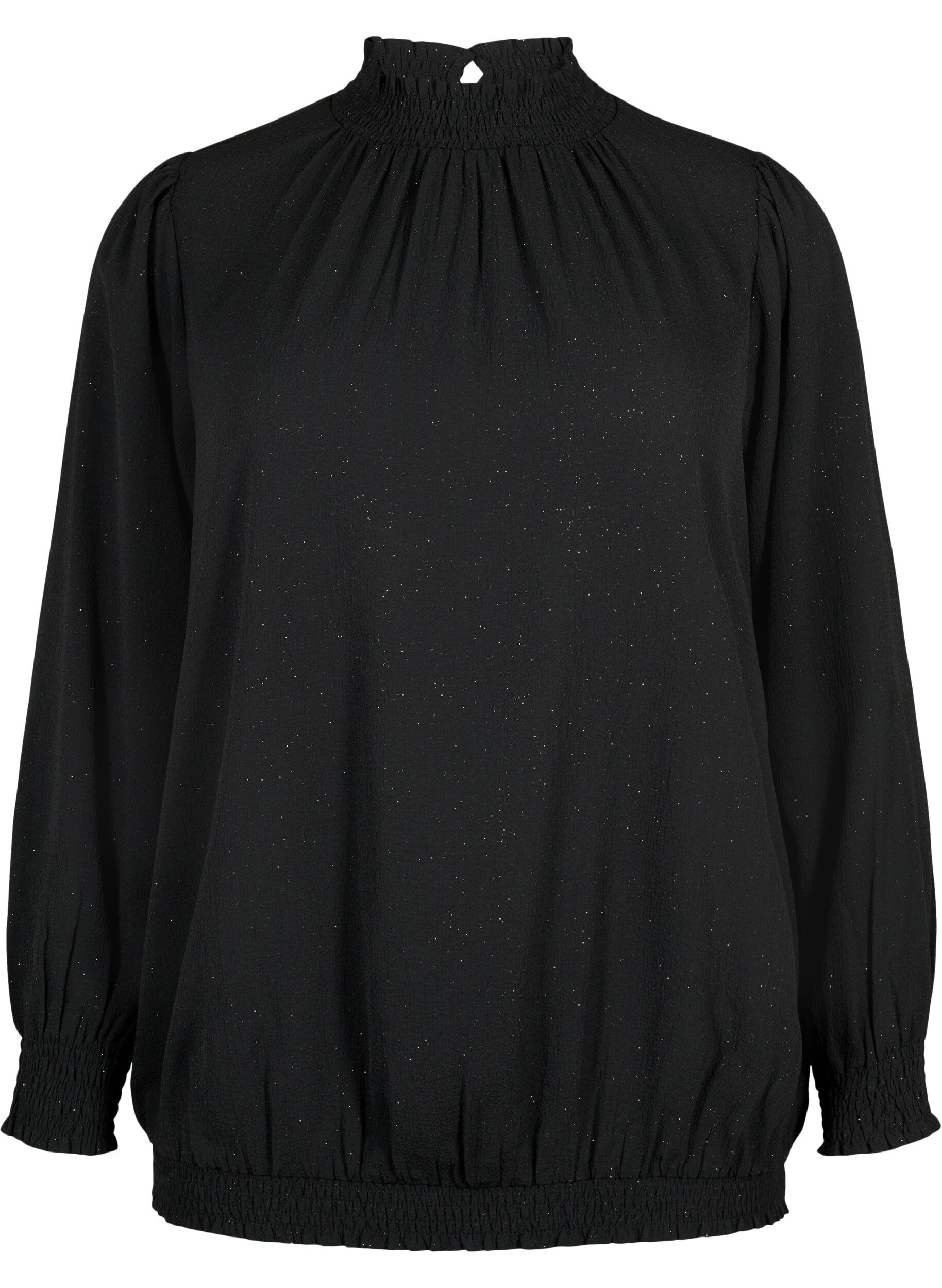 Zizzi FLASH - Blouse &agrave; manches longues scintillante avec smocks	, Black w. Silver, Packshot image number 0