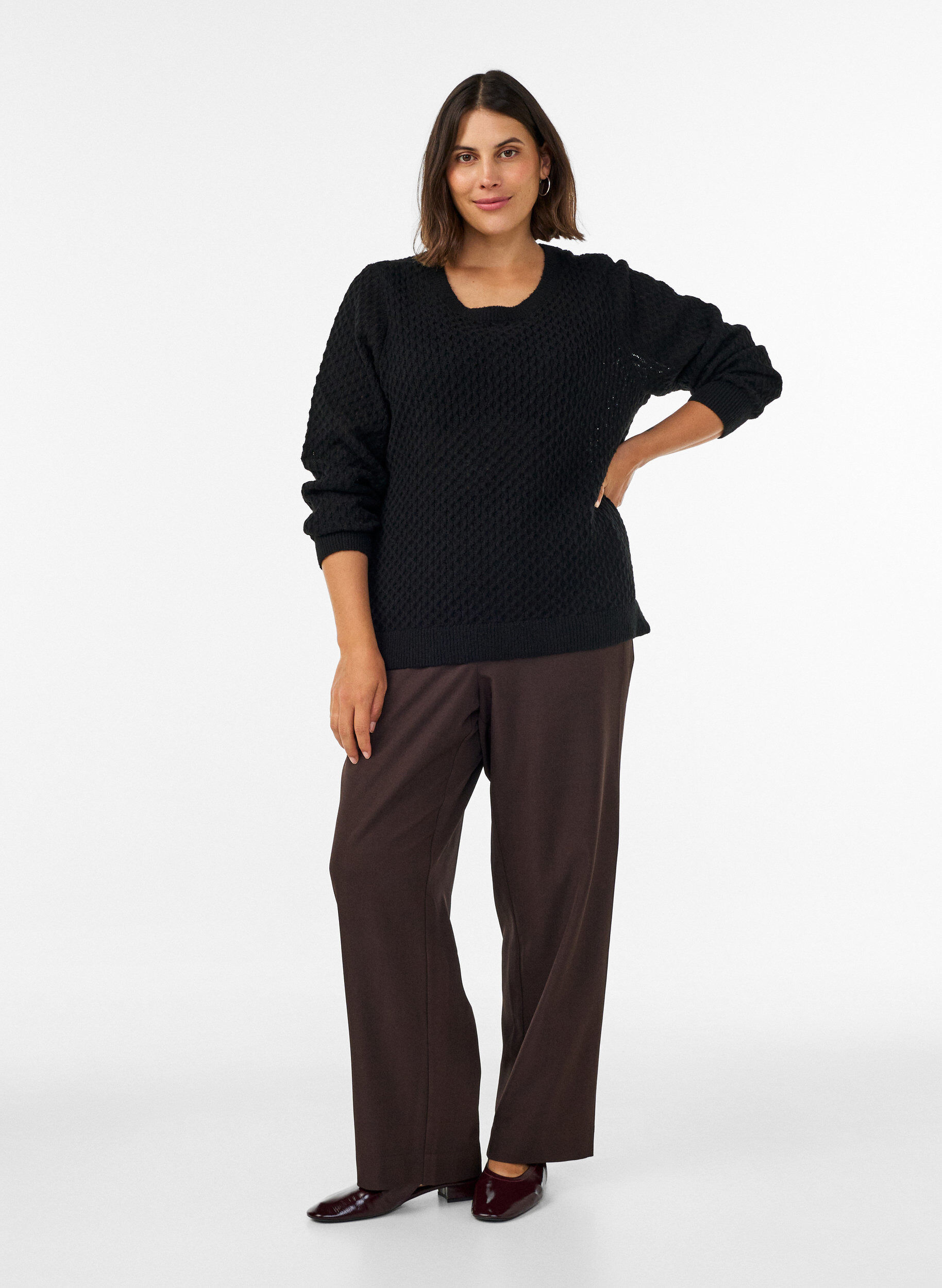 ZizziBlouse en maille avec motif ajour&eacute; textur&eacute;, Noir, Model image number 1