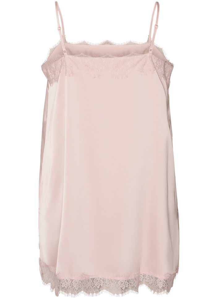 Haut long en satin bord&eacute; de dentelle, Rose poudr&eacute;e, Packshot image number 1