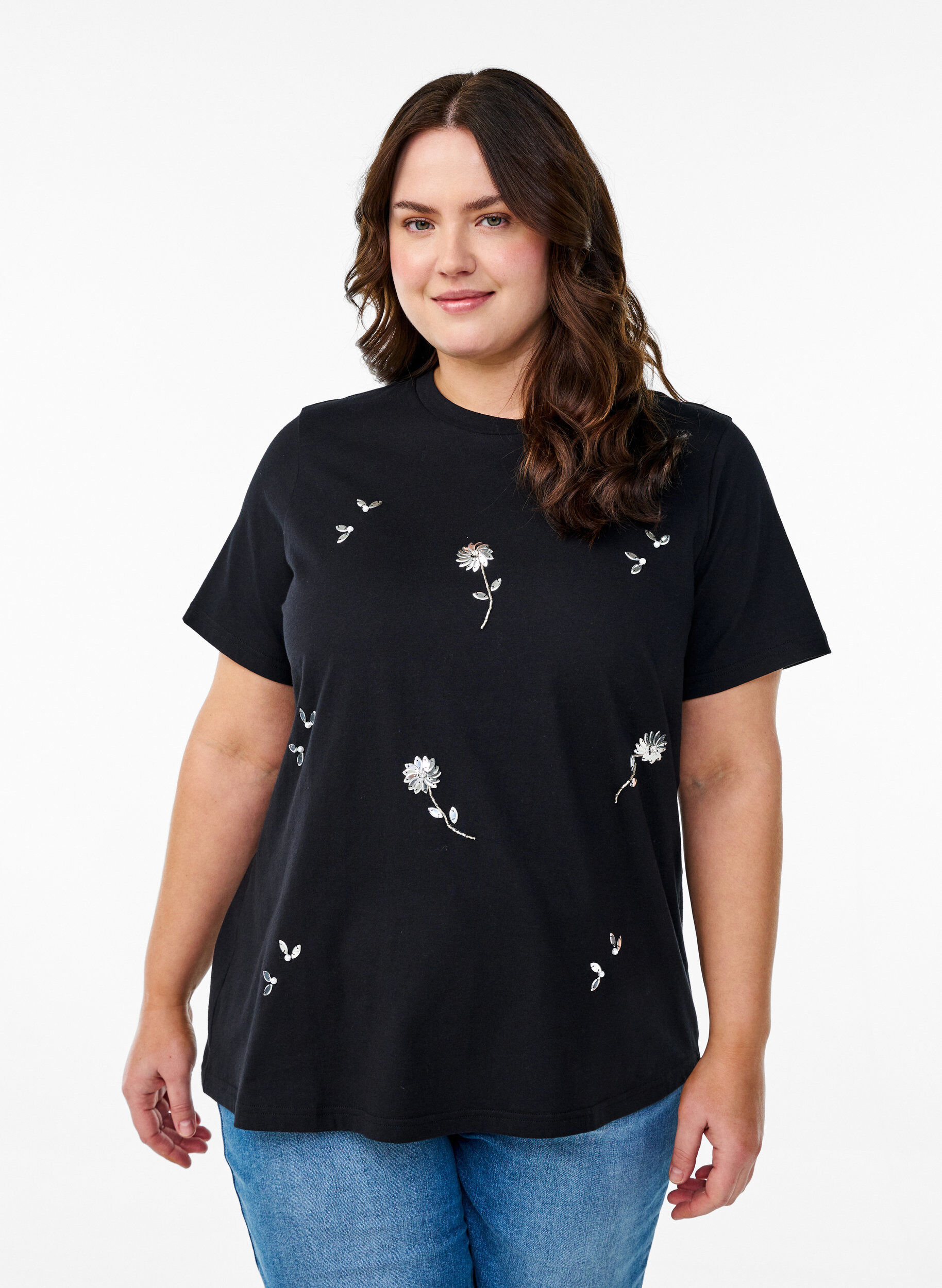Zizzi T-Shirt mit Pailletten-Blumen, Schwarz, Model image number 0
