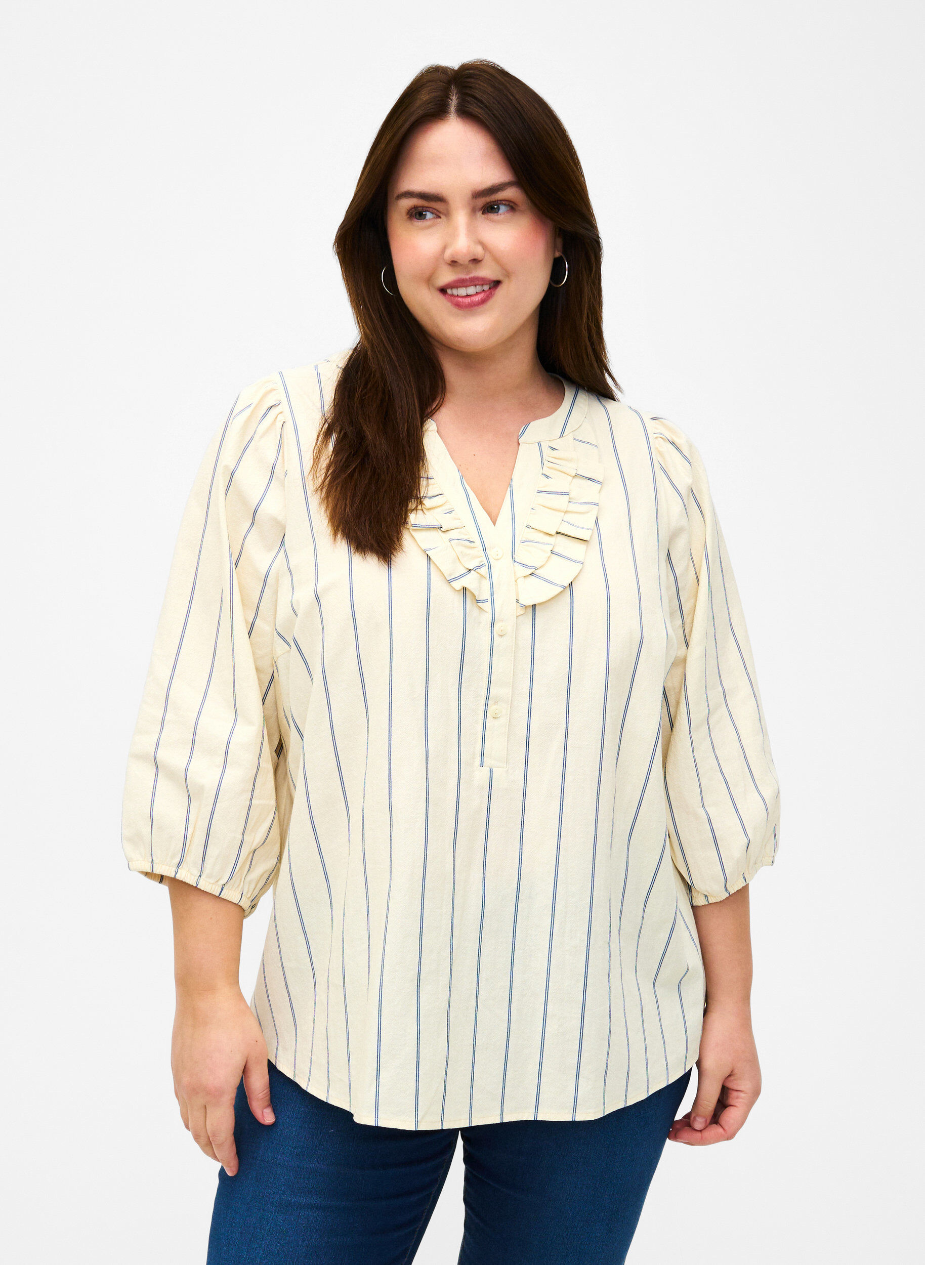 Zizzi  Baumwollbluse mit 3/4-&Auml;rmeln und Streifen, Eggnog Stripe, Model image number 0