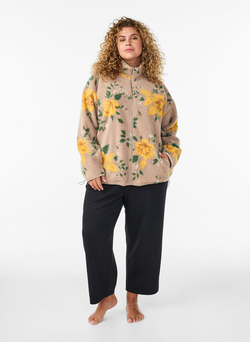 Veste en polaire &agrave; motif floral avec col montant et fermeture zipp&eacute;e, Beige, Model image number 1