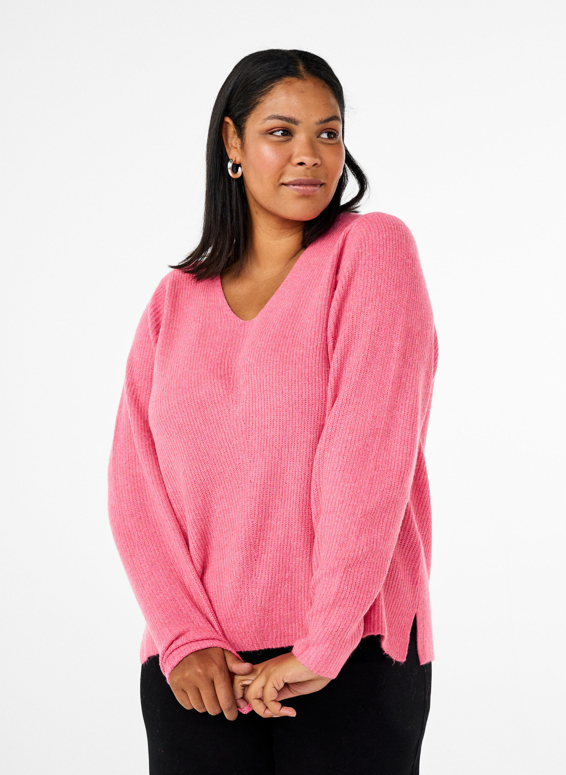 Zizzi Strickbluse mit V-Ausschnitt und langen &Auml;rmeln, Bubblegum Wh. Mel., Model image number 0