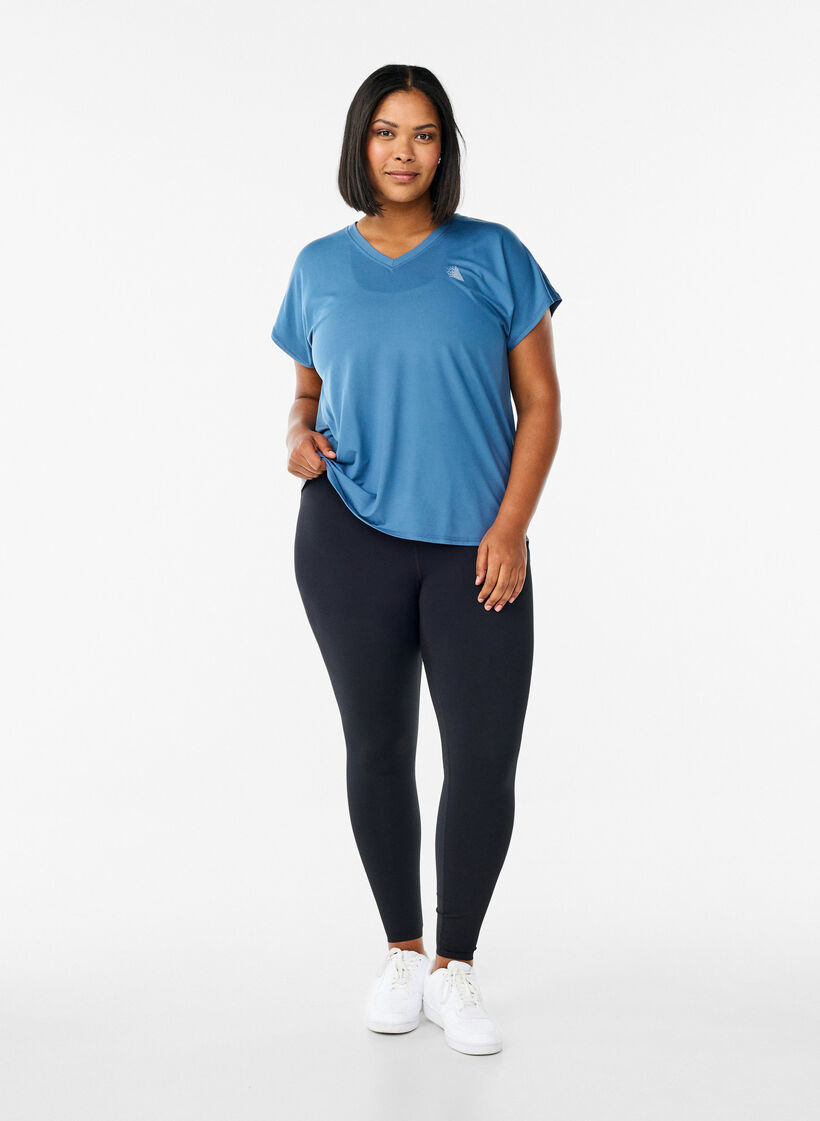 T-shirt de sport &agrave; manches courtes et col en V, Bleu p&eacute;trole, Model image number 1