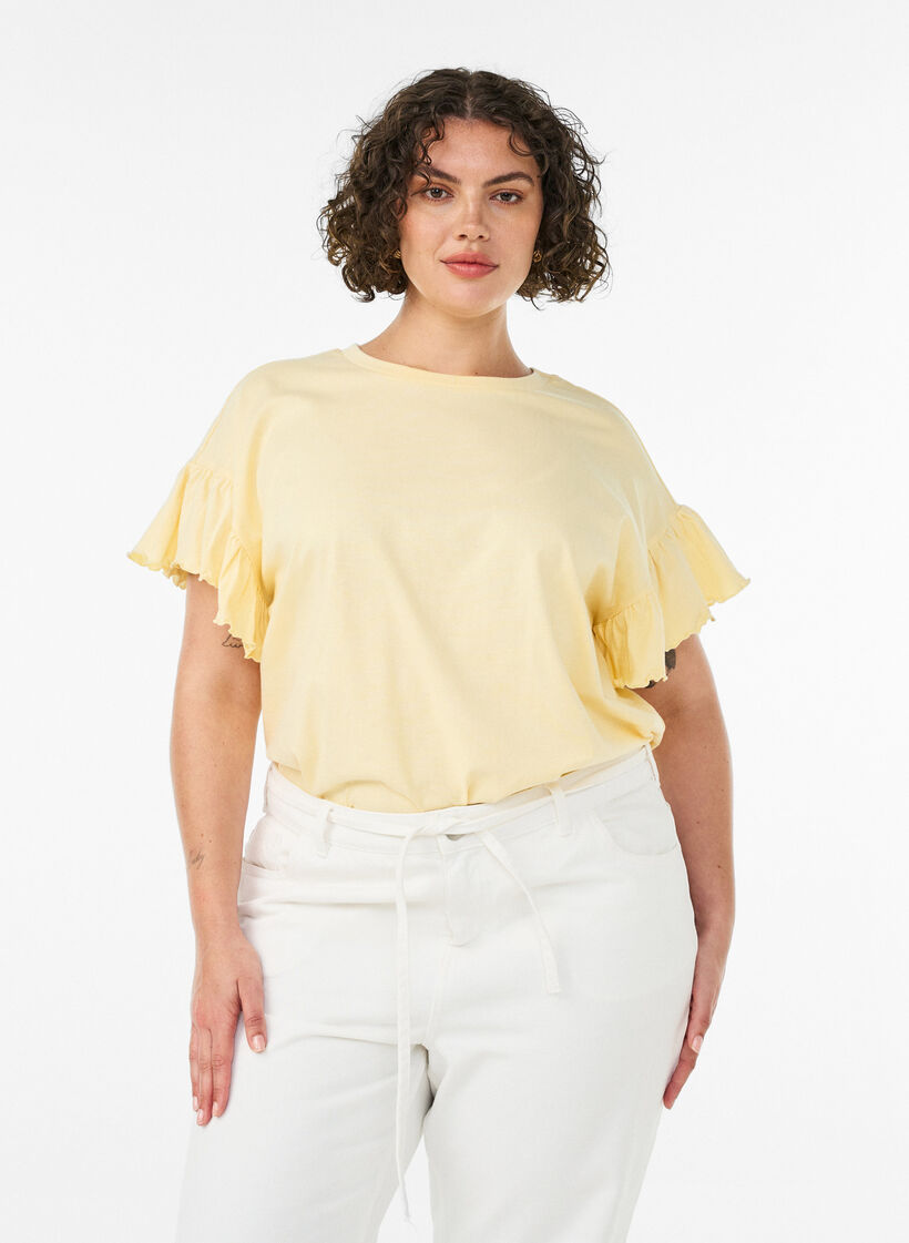 T-Shirt aus Bio-Baumwolle mit R&uuml;schen&auml;rmeln, Gelb, Model image number 0