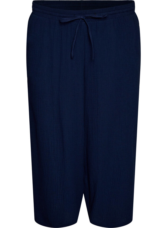Pantalon culotte en mousseline de coton avec taille haute, Bleu, Packshot image number 0