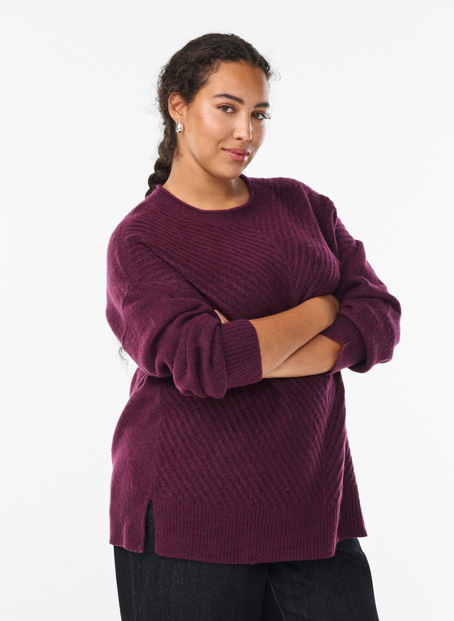 ZizziStrickbluse mit V-f&ouml;rmigem Rippenmuster und Schlitzen, Lila, Model image number 0