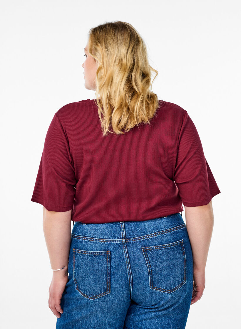 Bluse aus geripptem Jersey mit kurzen &Auml;rmeln, Dunkles Bordeaux, Model image number 2