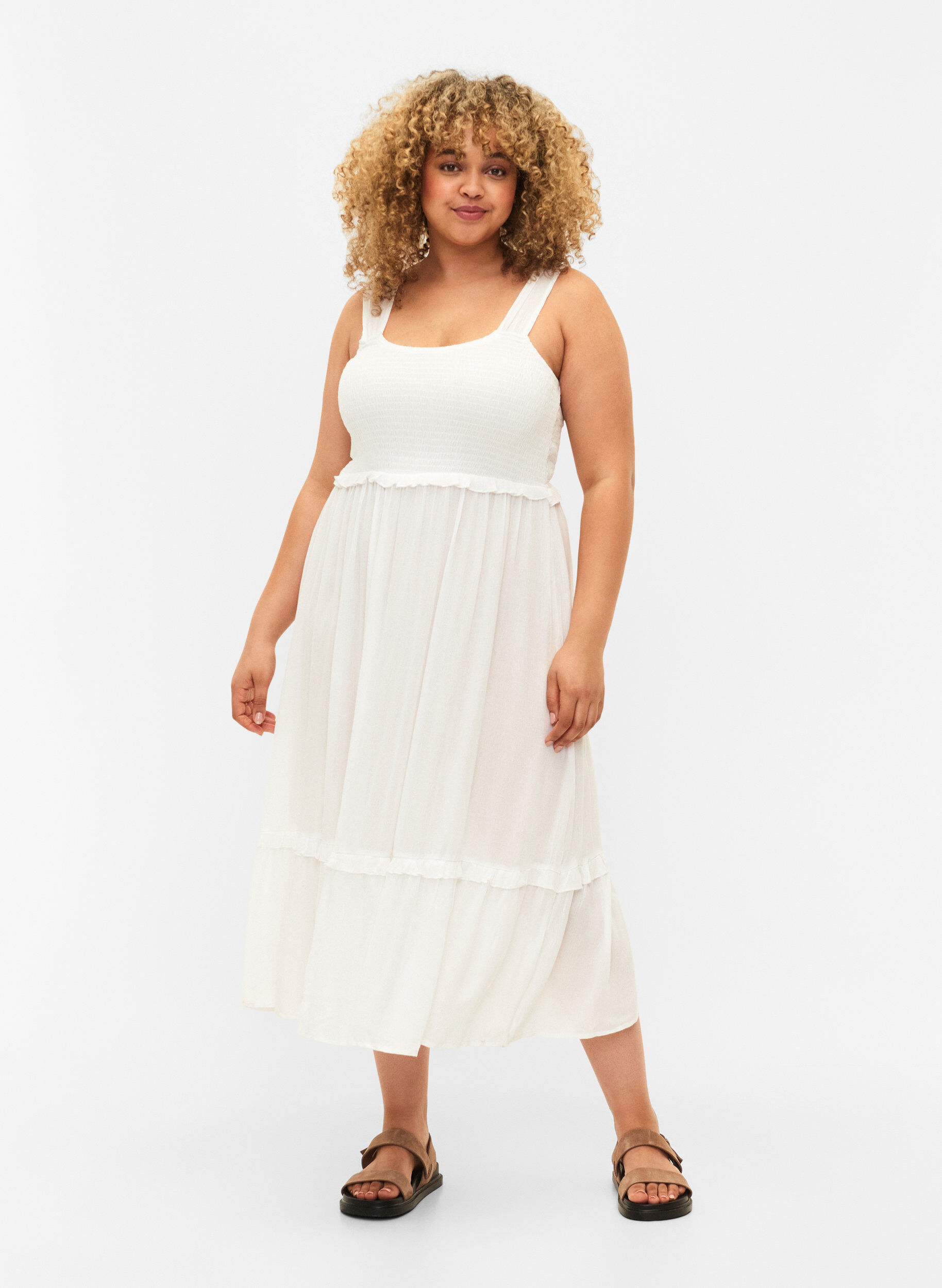 Zizzi Midikleid aus Viskose mit Smok, Bright White, Model image number 0