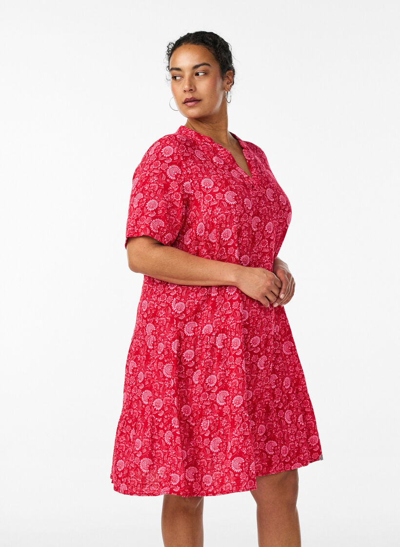 Kurzes A-Linien-Kleid aus Baumwollmusselin, Rot, Model image number 0
