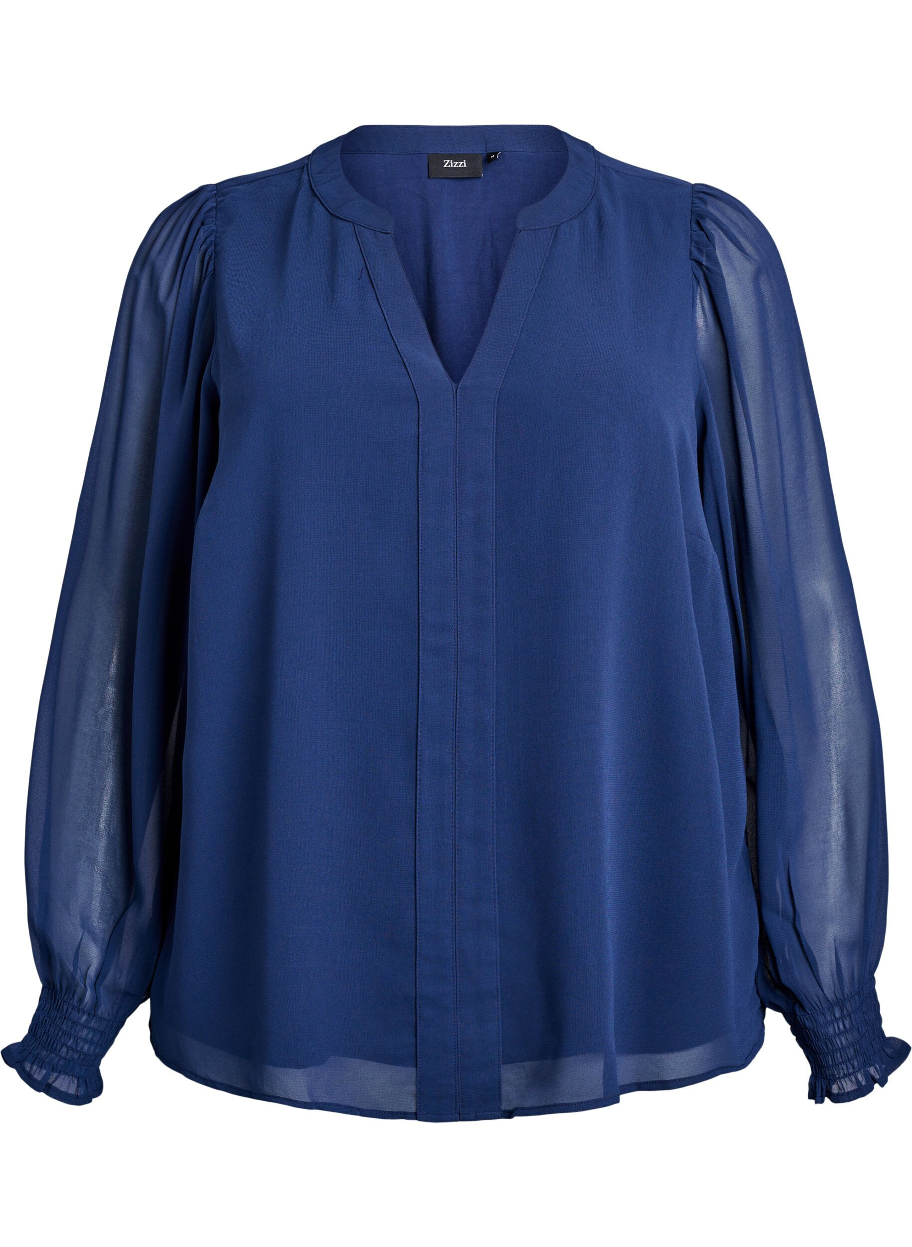 Zizzi Bluse mit transparenten &Auml;rmeln und Smok, Blau, Packshot image number 0