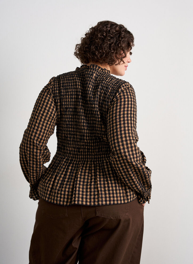 Karierte Bluse mit Smock und Sch&ouml;&szlig;chen, Braun, Model image number 2