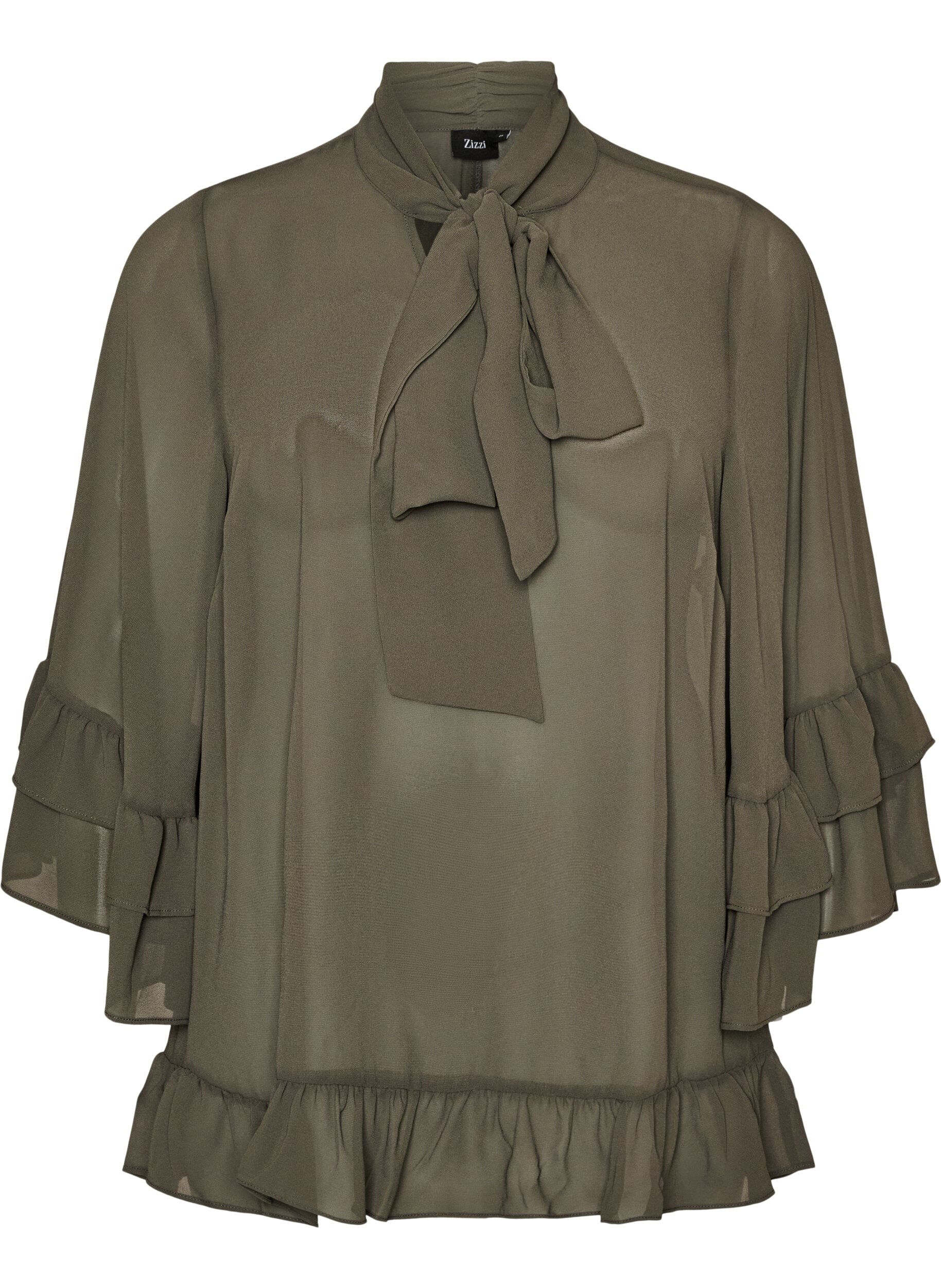ZizziBluse mit Bindeband und R&uuml;schendetails, Grau, Packshot image number 0