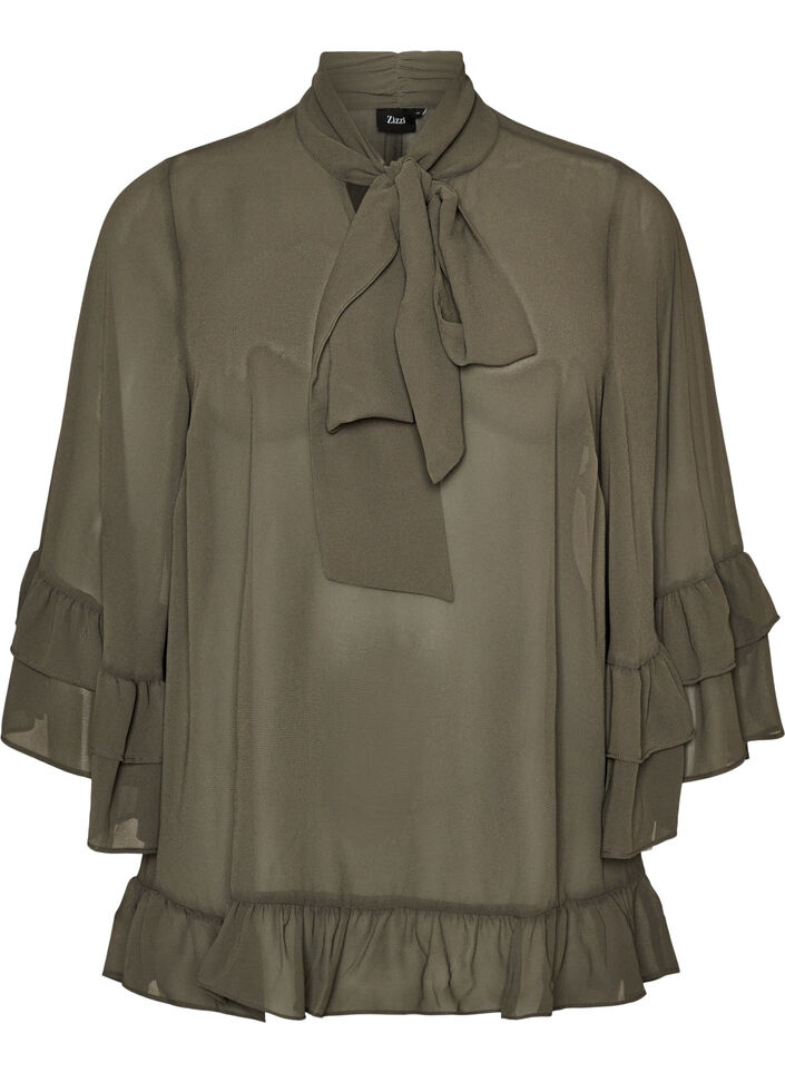 Bluse mit Bindeband und R&uuml;schendetails, Grau, Packshot image number 0