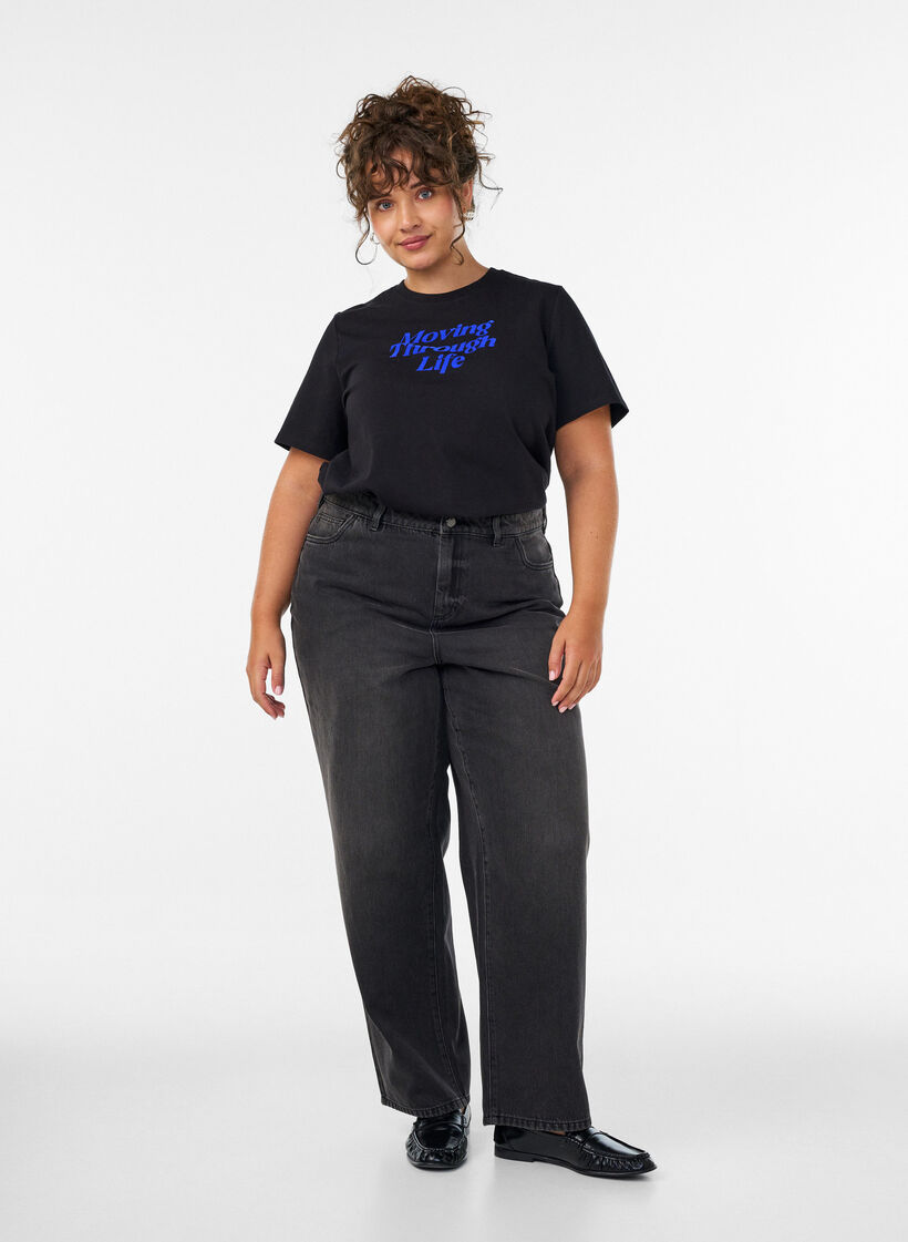 T-Shirt aus Baumwolle mit Textprint, Schwarz, Model image number 1