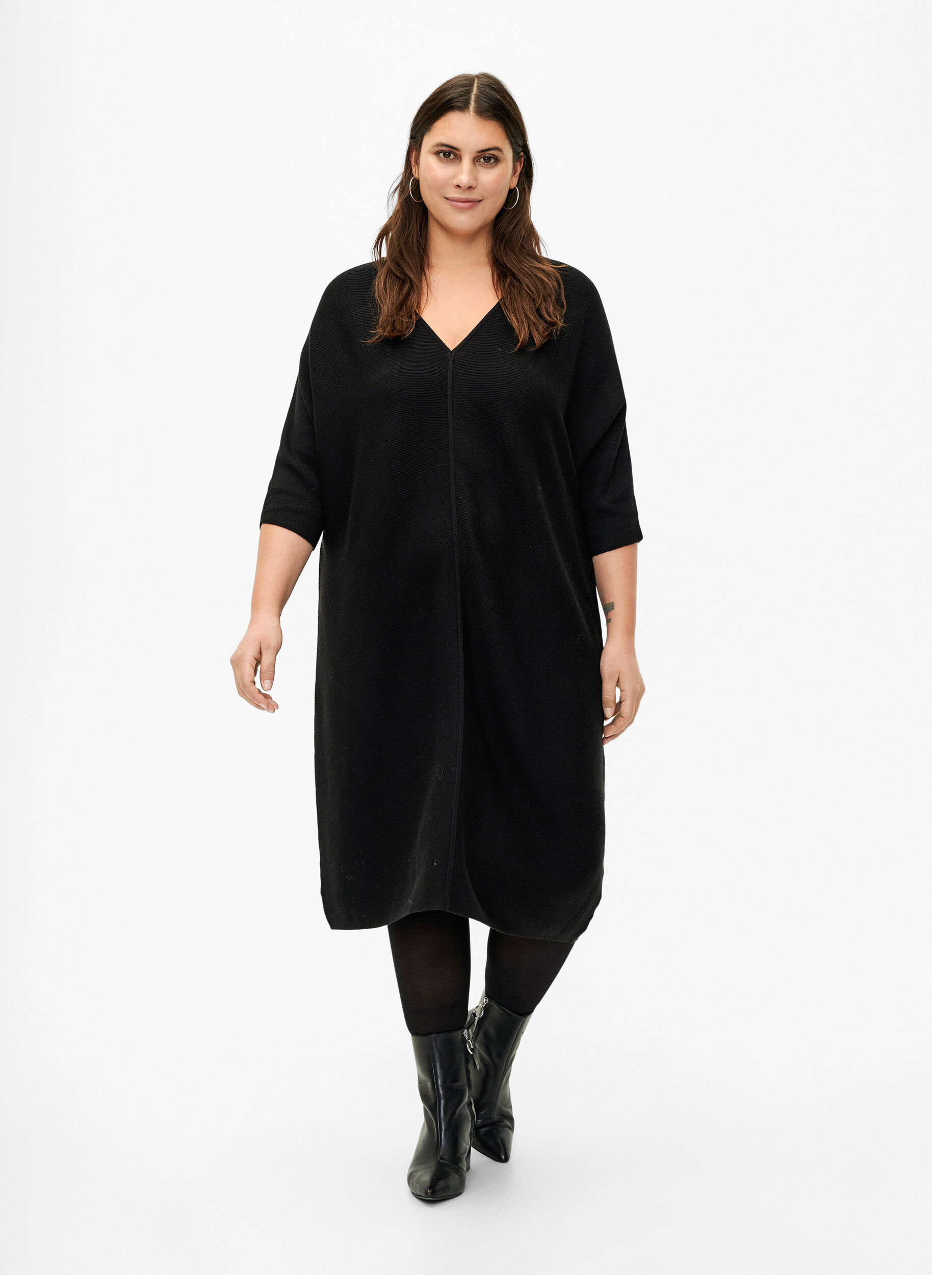 Zizzi Geripptes Kleid mit 3/4 &Auml;rmeln, Black, Model image number 2