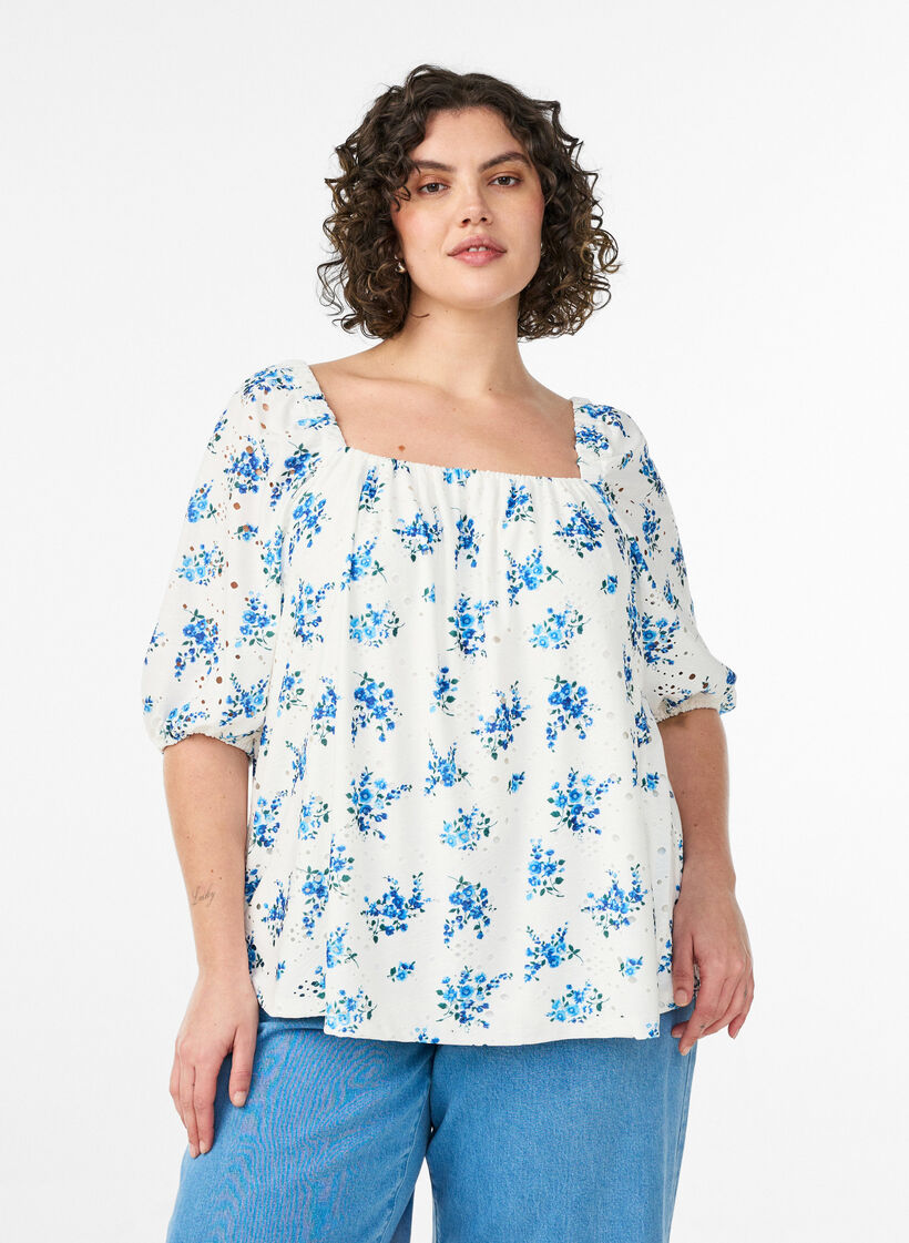 Gebl&uuml;mte Bluse mit Karree-Ausschnitt und Lochstickerei, Wei&szlig;, Model image number 0