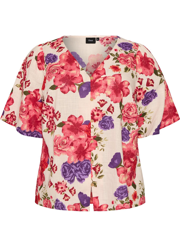 Chemise en coton &agrave; manches courtes avec col V, Rouge, Packshot image number 0