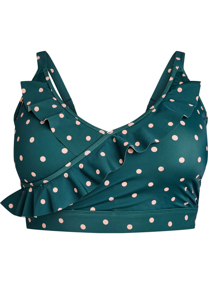 Bikinioberteil mit Punkten und R&uuml;schendetails, Gr&uuml;n, Packshot image number 0