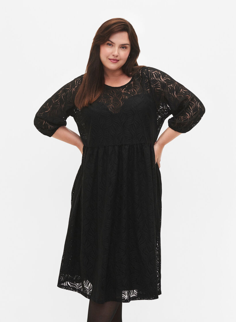 Robe en dentelle avec manches 3/4	, Black, Model image number 0