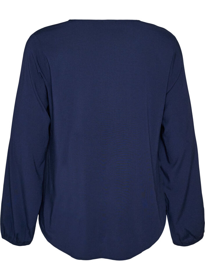 Blouse en viscose avec col en V et ourlet arrondi, Bleu, Packshot image number 1