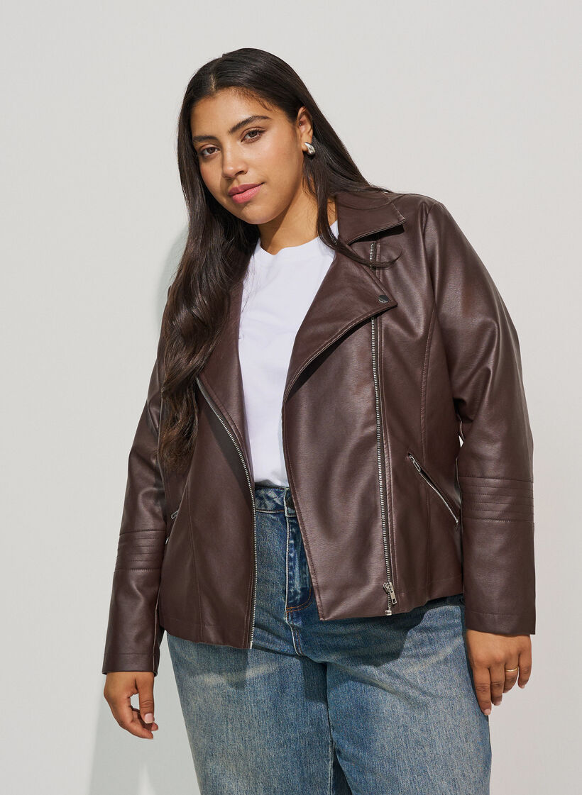 Bikerjacke aus Kunstleder, Braun, Model image number 3