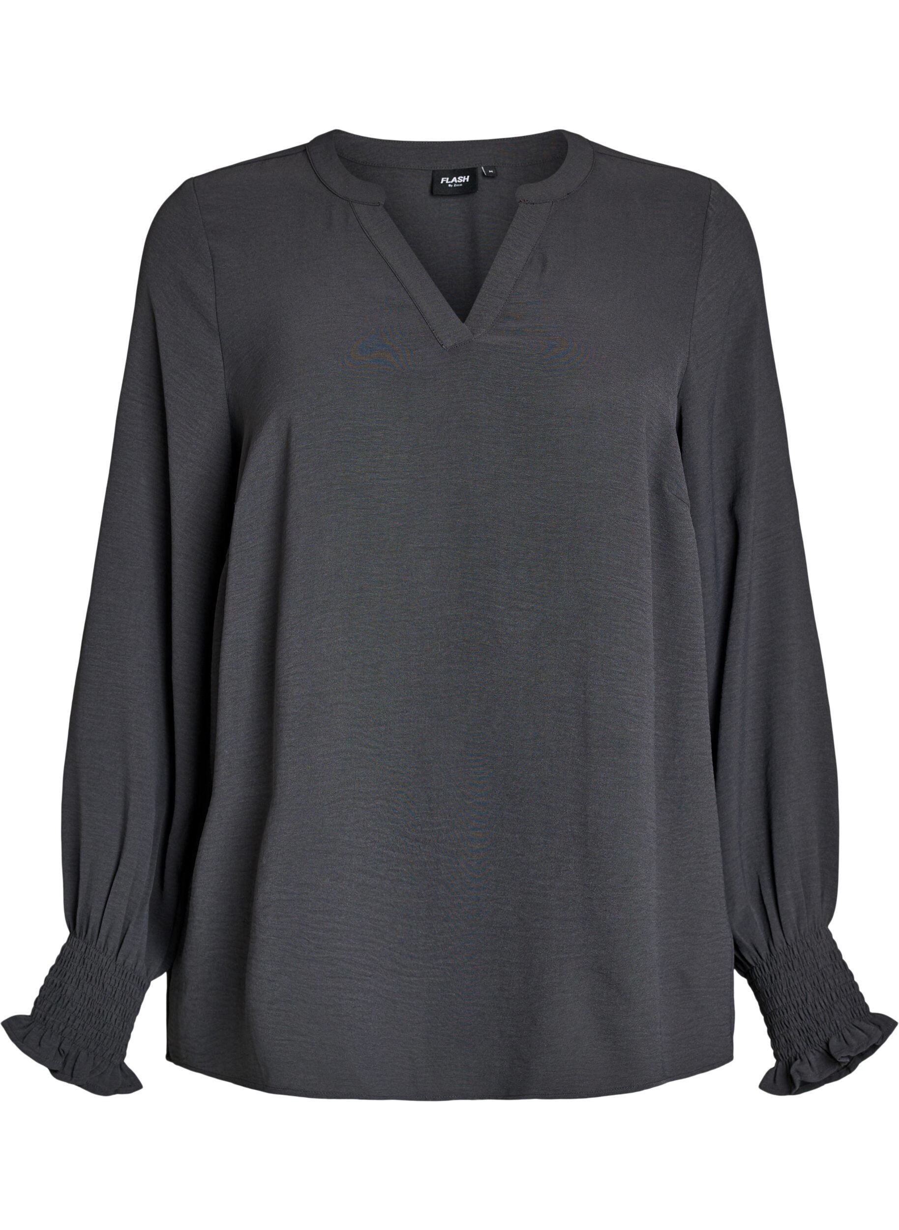 Zizzi Blouse avec poignets smock&eacute;s et col en V, Gris anthracite, Packshot image number 0
