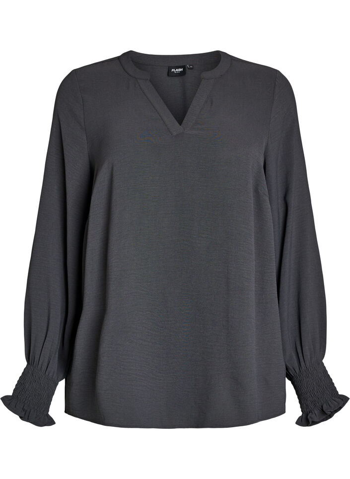 Blouse avec poignets smock&eacute;s et col en V, Gris anthracite, Packshot image number 0