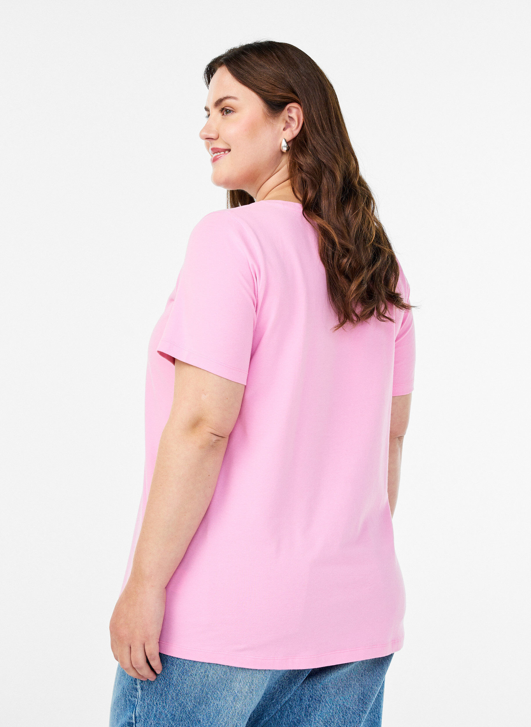 ZizziT-shirt Basic en coton uni, Rose, Model image number 2