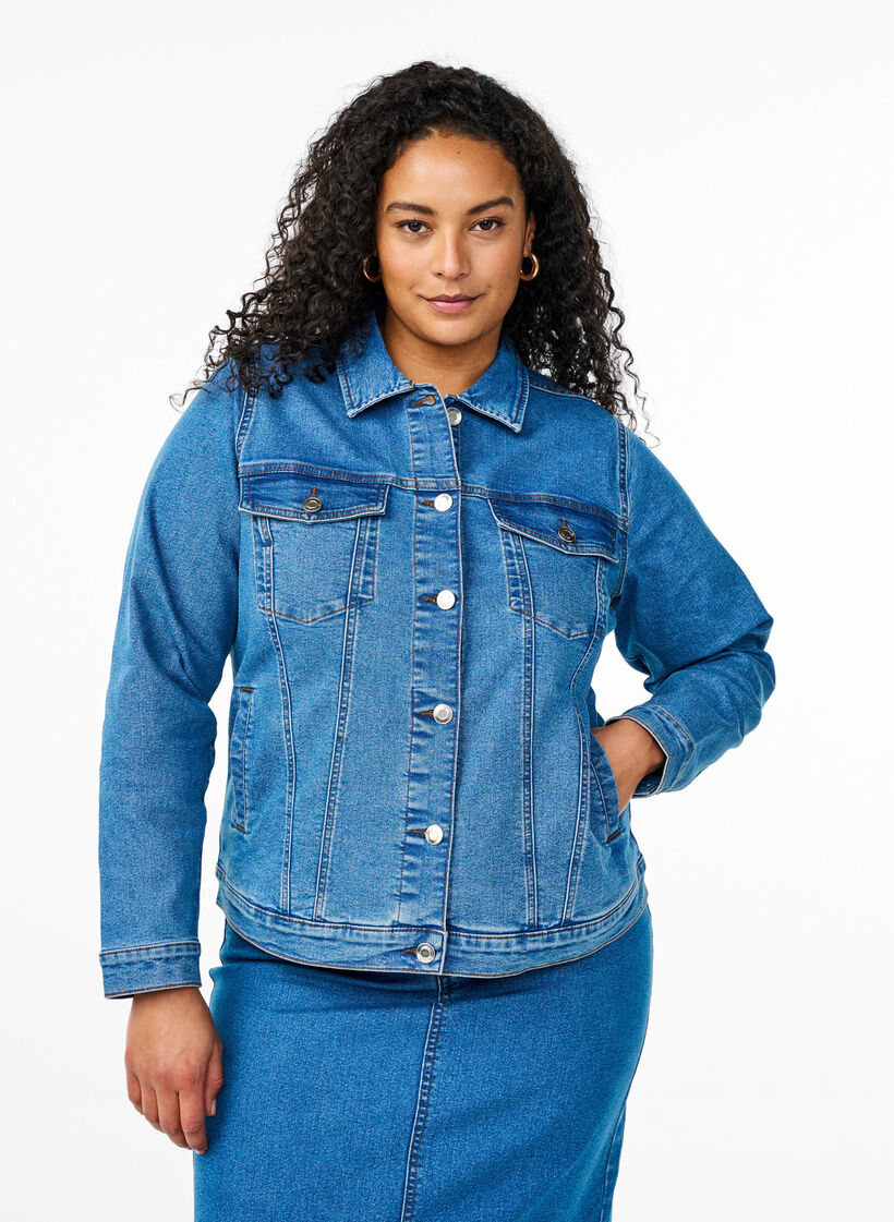 Veste en jean en m&eacute;lange de coton extensible, Bleu, Model image number 0