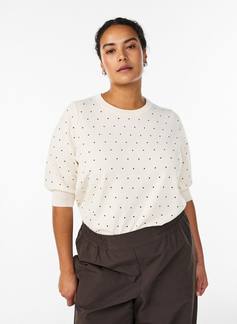 Top en maille &agrave; pois et manches courtes, Blanc, Model image number 0