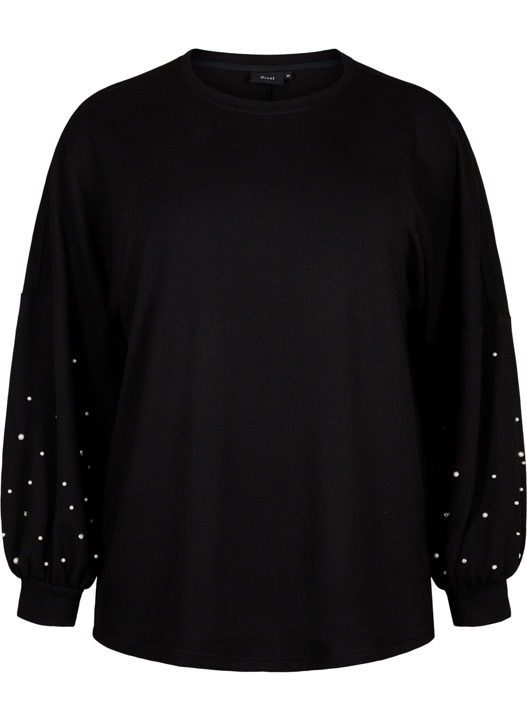 Zizzi Einfarbige Bluse mit Perlen, Black, Packshot image number 0