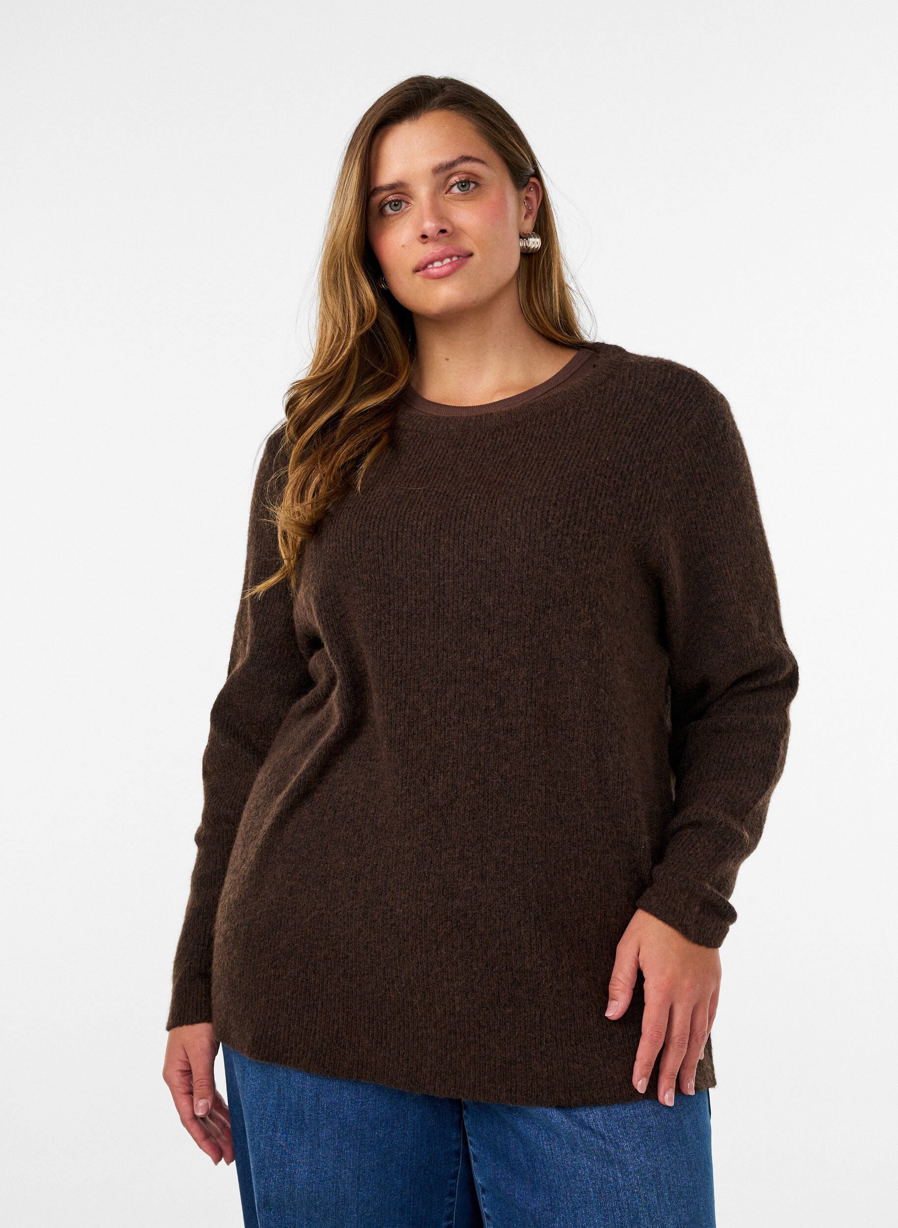 ZizziMelierte Strickbluse mit Rundhalsausschnitt, Braun, Model image number 0